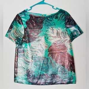 Kate Spade New York Regal Plumes Green Metallic Feather Print Top Blouse Size 0